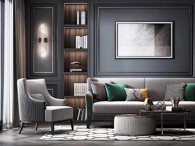 Modern Sofa And Coffee Table Set With Gray Upholstery Decorative Pillows Accent Chair Artwork And Bookshelf In Living Room 3d model