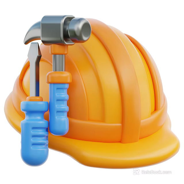 Orange Construction Safety Hat With Blue Hammer And Screwdriver Tools 3d model