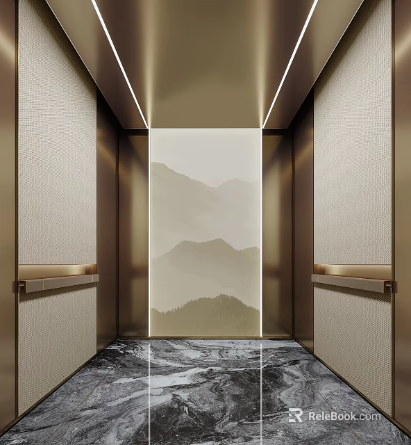 Modern Elevator Interior Design With Beige Textured Walls Gold Strip Lights And Mountain View Pattern 3d model 