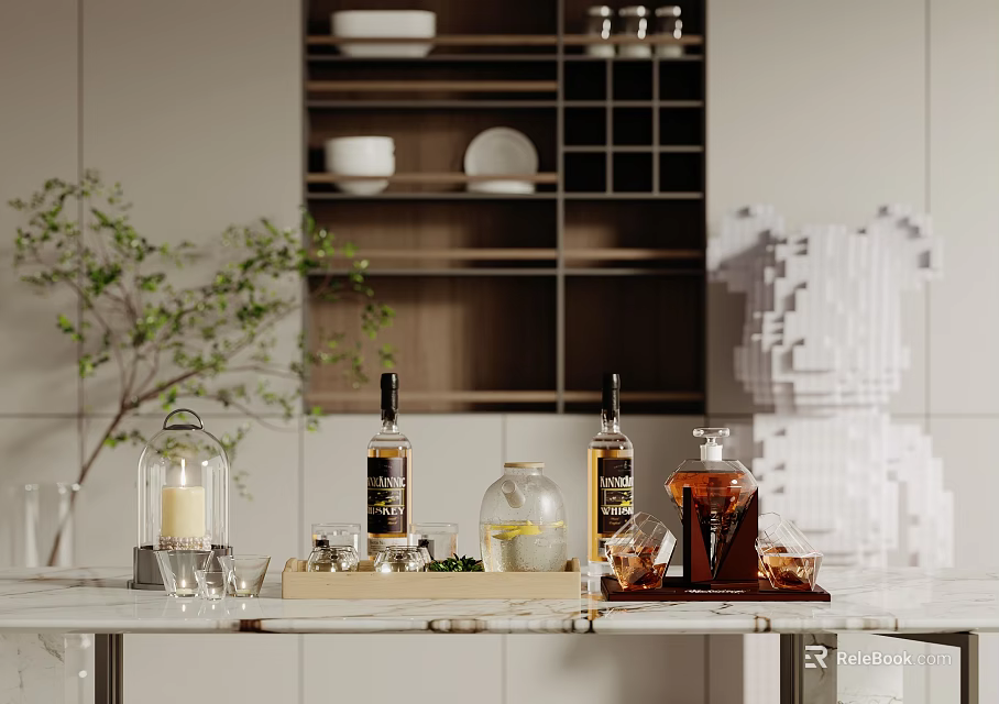 Elegant Modern Kitchen Counter Display With Glass Wine Bottles Wine Glasses And Wooden Tray 3d model 