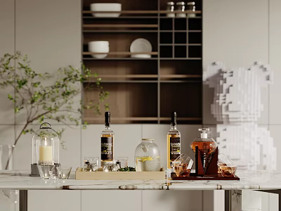 Elegant Modern Kitchen Counter Display With Glass Wine Bottles Wine Glasses And Wooden Tray 3d model