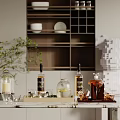 Elegant Modern Kitchen Counter Display With Glass Wine Bottles Wine Glasses And Wooden Tray