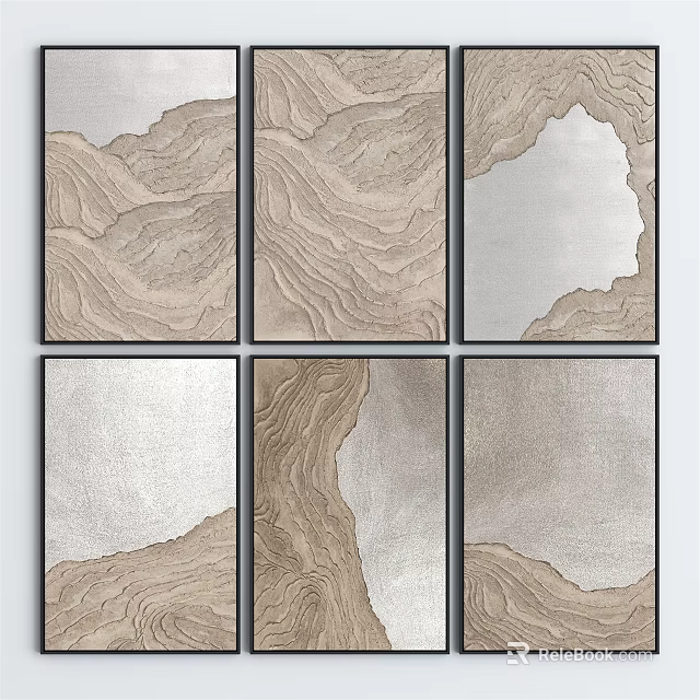 Abstract Textured Wall Art With Six Panels Beige Silver Brown Wavy Patterns 3d model