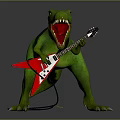 Green Dinosaur Rocking Red Electric Guitar With Black Strap Around Neck Open Mouth Sharp Teeth