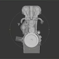 Silver Engine Model With Detailed Pipes And Mechanical Components On Dark Reflective Background