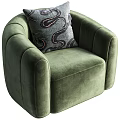 Green Velvet Single Seater Sofa With Rounded Arms And Snake Pattern Cushion 3d model