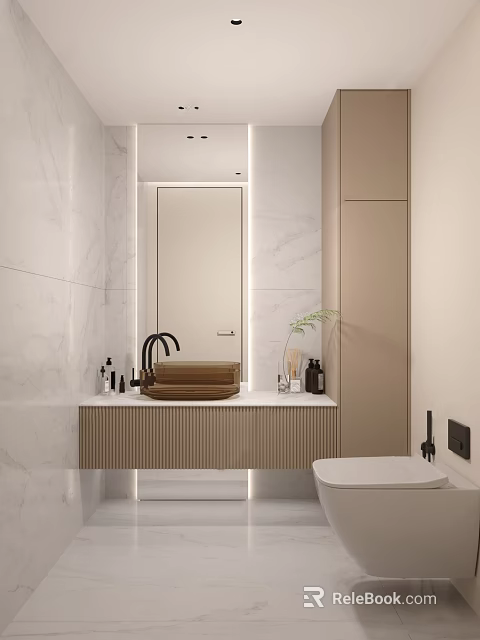 Elegant Modern Bathroom Interior With Marble Walls Wooden Vanity And Mirror 3d model 