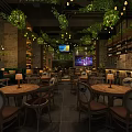 Cozy Restaurant Interior Featuring Wooden Tables Chairs Green Plant Decor Wine Racks Stained Glass Windows