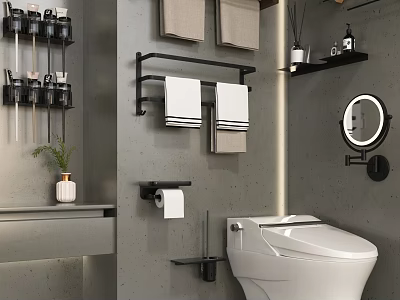 Modern Bathroom Combination With Smart Toilet Towel Rack Mirror Shelves And Toilet Paper Holder 3d model