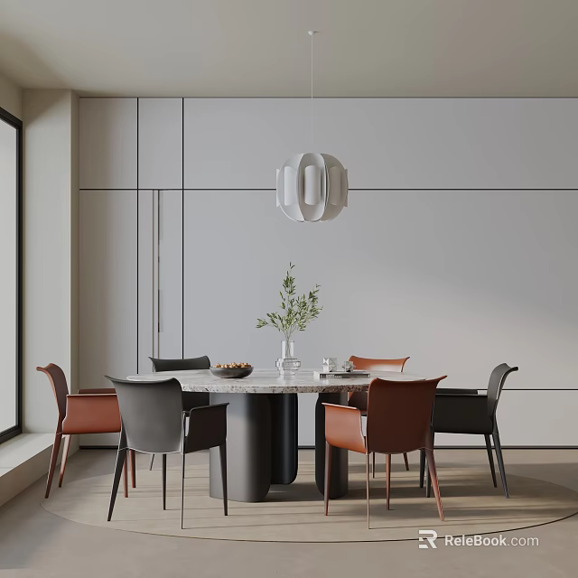 Modern Round Dining Table Set With Marble Top And Brown Gray Chairs 3d model