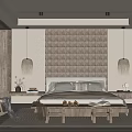 Modern Hotel Guest Room Interior With Wooden Grid Headboard Hanging Lamps And Rocking Chair
