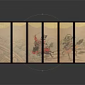 Traditional Oriental Folding Screen With Historical Horseback Figures Paintings And Wooden Frame