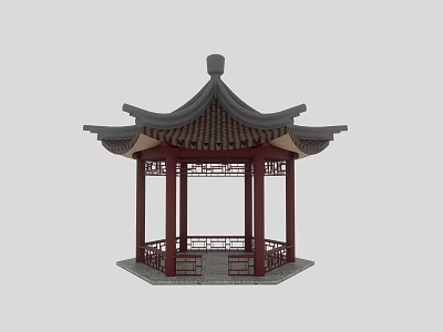 Classical Chinese Pavilion Featuring Red Pillars Gray Tiled Roof And Intricate Carved Railings 3d model