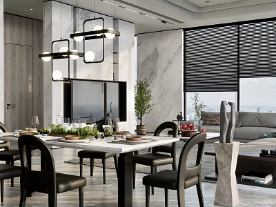 Modern Dining Living Room Interior With Marble Wall Geometric Pendant Lights Table And Black Chairs 3d model