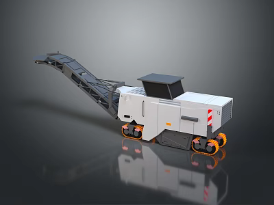 White Gray Mobile Industrial Equipment with Long Conveyor Belt Black Top Warning Stripes on Wheels 3d model