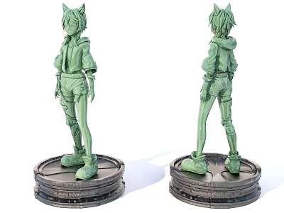 Green Anime Style Character Sculpture with Cat Ears Hoodie Pants on Circular Base Two Views 3d model