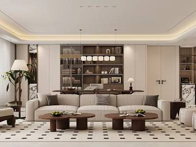 Modern Living Dining Room Interior Design With Beige Sofa Round Coffee Tables And Bookshelves 3d model