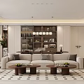 Modern Living Dining Room Interior Design With Beige Sofa Round Coffee Tables And Bookshelves