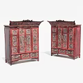 Red Wooden Decorative Cabinets With Intricate Carvings And Ornate Tops