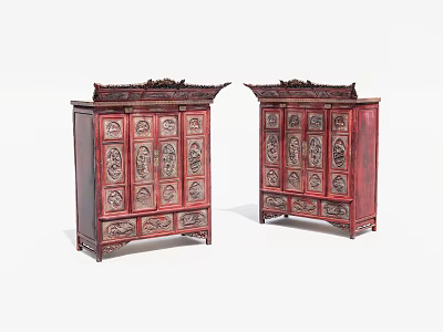 Red Wooden Decorative Cabinets With Intricate Carvings And Ornate Tops 3d model