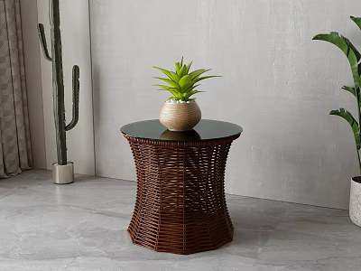 Round Side Table With Woven Rattan Base Black Tabletop And Green Plant Vase 3d model