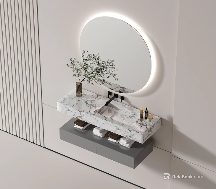 Modern Wall mounted Washbasin With Marble Countertop Round Backlit Mirror Toiletries And Green Plant 3d model 