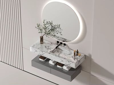 Modern Wall mounted Washbasin With Marble Countertop Round Backlit Mirror Toiletries And Green Plant 3d model