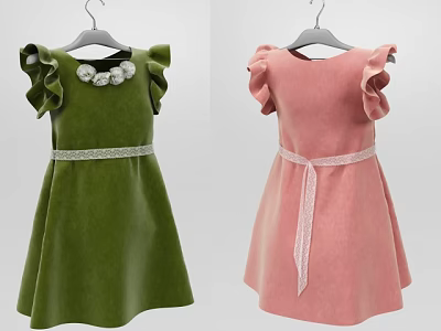 Girls Green and Pink Dresses with Ruffle Sleeves White Belt Pearl Decoration and Back Bow 3d model