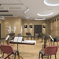 Book Art Music Classroom With Chairs Music Stands Guitars Piano And Wall Decorations