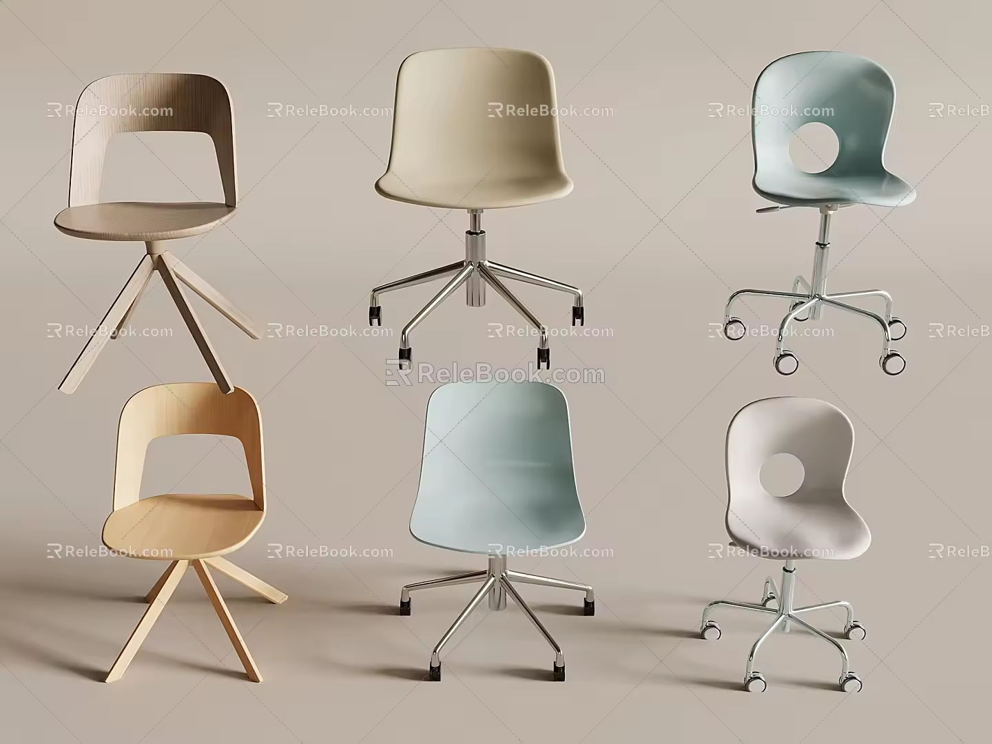 Office Chair Macaron Color Leisure Chair Wooden Chair Computer Chair Swivel Slide Wheelchair 3d model