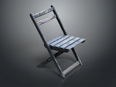 Distressed Blue Gray Wooden Folding Chair With Simple Plank Seat Back And Wood Grain 3d model