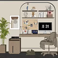 Modern Desk and Chair Desk and Chair Combination Office Desk Wall Hanging Bookshelf 3d model