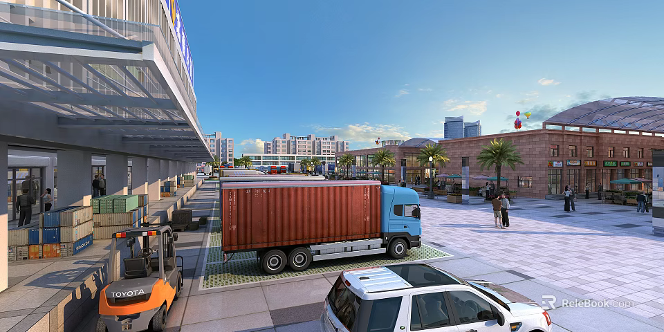 Urban Logistics Plaza With Red Container Truck Forklift White SUV Buildings And Blue Sky 3d model 