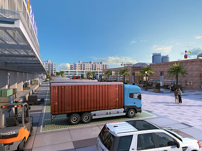 Urban Logistics Plaza With Red Container Truck Forklift White SUV Buildings And Blue Sky 3d model