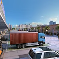 Urban Logistics Plaza With Red Container Truck Forklift White SUV Buildings And Blue Sky