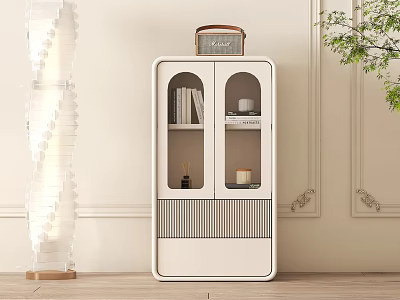 White Entryway Console Cabinet With Glass Doors Books Decorative Items Striped Panel And Green Plant 3d model