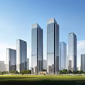 Modern Office Towers With Glass Curtain Wall Urban Skyline And Landscaped Surroundings