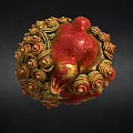 Traditional Red And Gold Lion Head Sculpture With Curled Patterns And Black Eyes