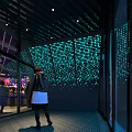 Modern Shopping Mall Lobby Entrance With Glass Curtain Walls Green Projection And Lighting