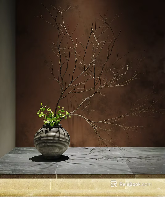 Ceramic Vase With Small Green Plants And Dry Branches On Dark Table Against Brown Wall 3d model 