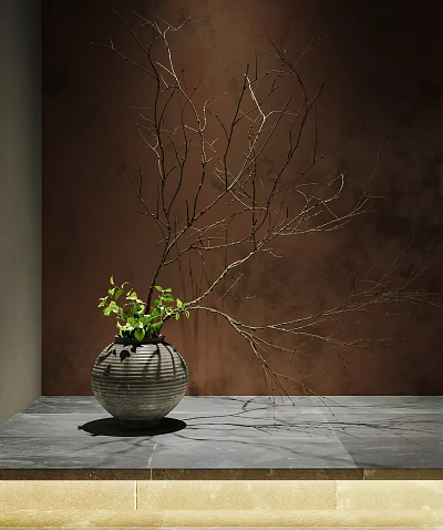Ceramic Vase With Small Green Plants And Dry Branches On Dark Table Against Brown Wall 3d model