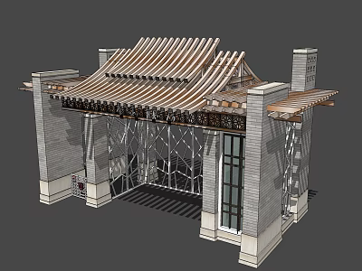 Traditional Entrance Gate Design Featuring Wooden Striped Roof Gray Brick Walls And Glass Door 3d model