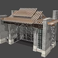 Traditional Entrance Gate Design Featuring Wooden Striped Roof Gray Brick Walls And Glass Door