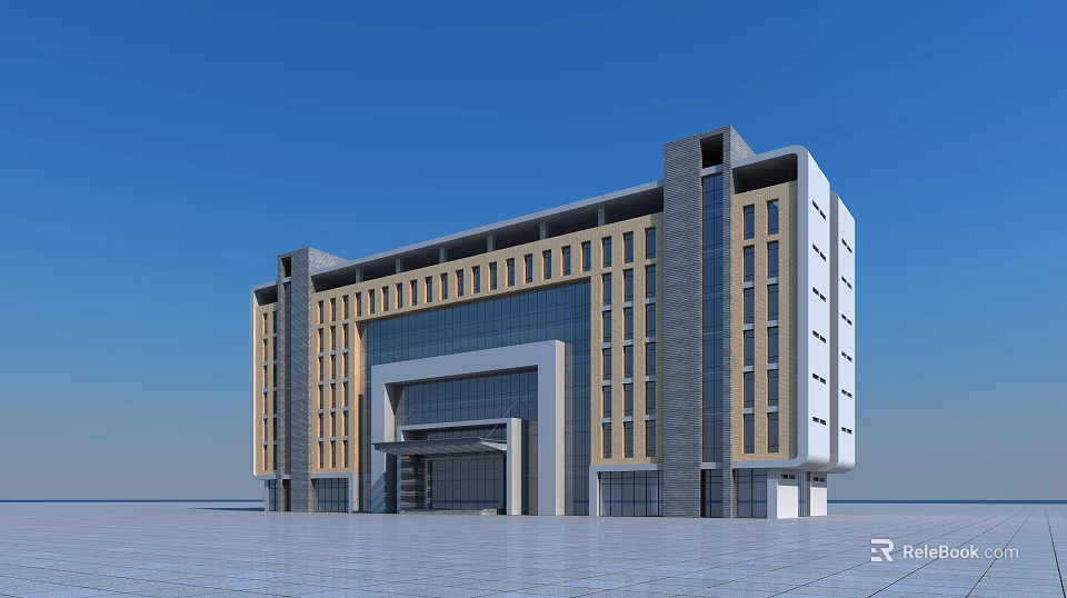 Modern Office Building Exterior With Glass Curtain Wall And Gray Yellow Facade 3d model 