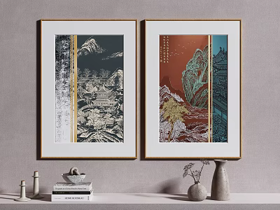 Two Framed Landscape Paintings Hung On Wall With Decorative Art Elements 3d model