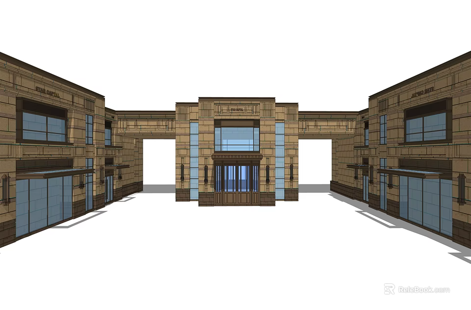 Classical Entrance Gate Design With Stone Facade And Glass Doors Flanking Buildings 3d model 