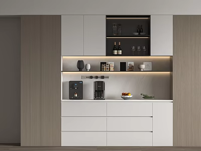 Modern Built in Wine Cabinet with White Wooden Design LED Lighting for Bottles and Glasses 3d model