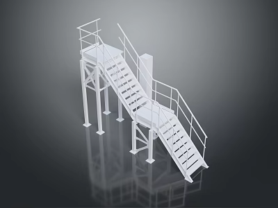 White Industrial Metal Platform with Stairs Handrails and Reflective Surface 3d model