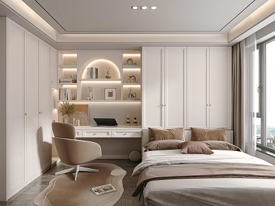 Modern Tatami Bedroom Interior With White Wardrobes Desk Chair And Natural Light 3d model