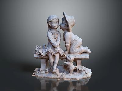 Adorable Garden Statue With Two Kids Sitting On Bench And Little Puppy 3d model